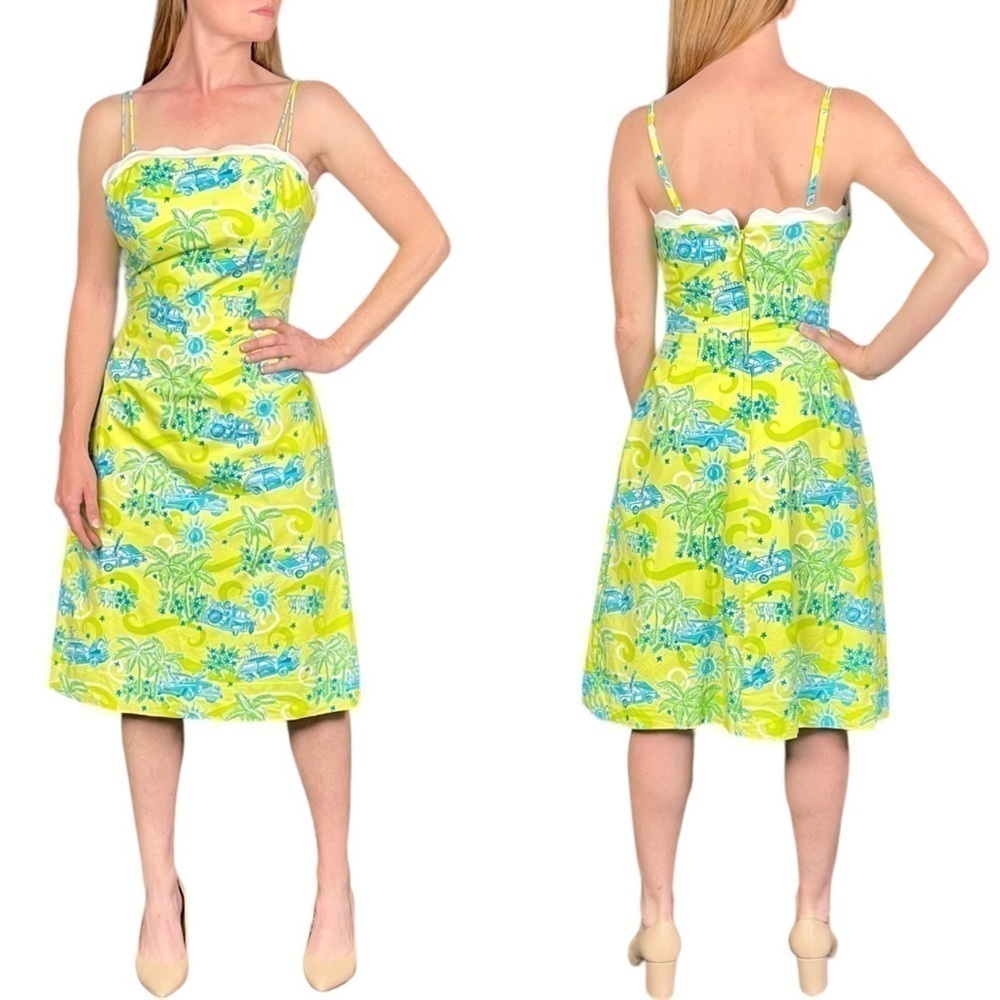 LILLY PULITZER WHITE LABEL Y2K CRUISIN PRINT SCALLOP TRIM SPAGHETTI STRAP DRESS